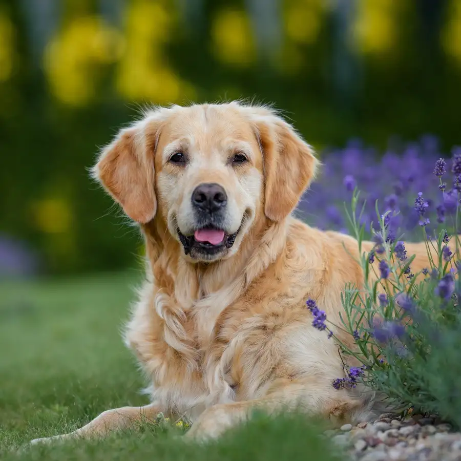 golden retriever bij zonsondergang in grasveld